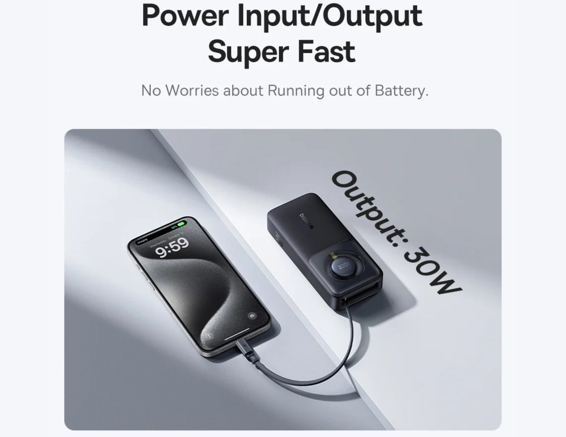 Phone charging with a power adapter on a light gray background, emphasizing fast charging capabilities.