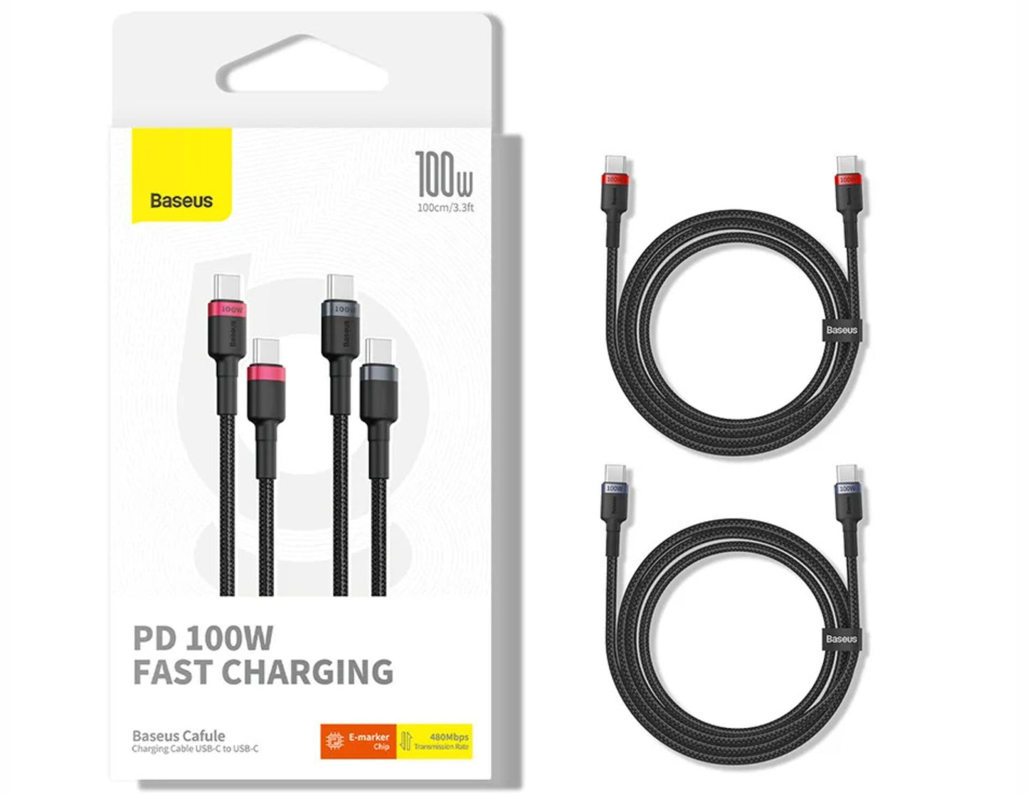 كابل شحن Baseus Cafule USB-C إلى USB-C 100 واط بطول متر واحد، قطعتان، أحمر وأسود + رمادي، P10318306003-00