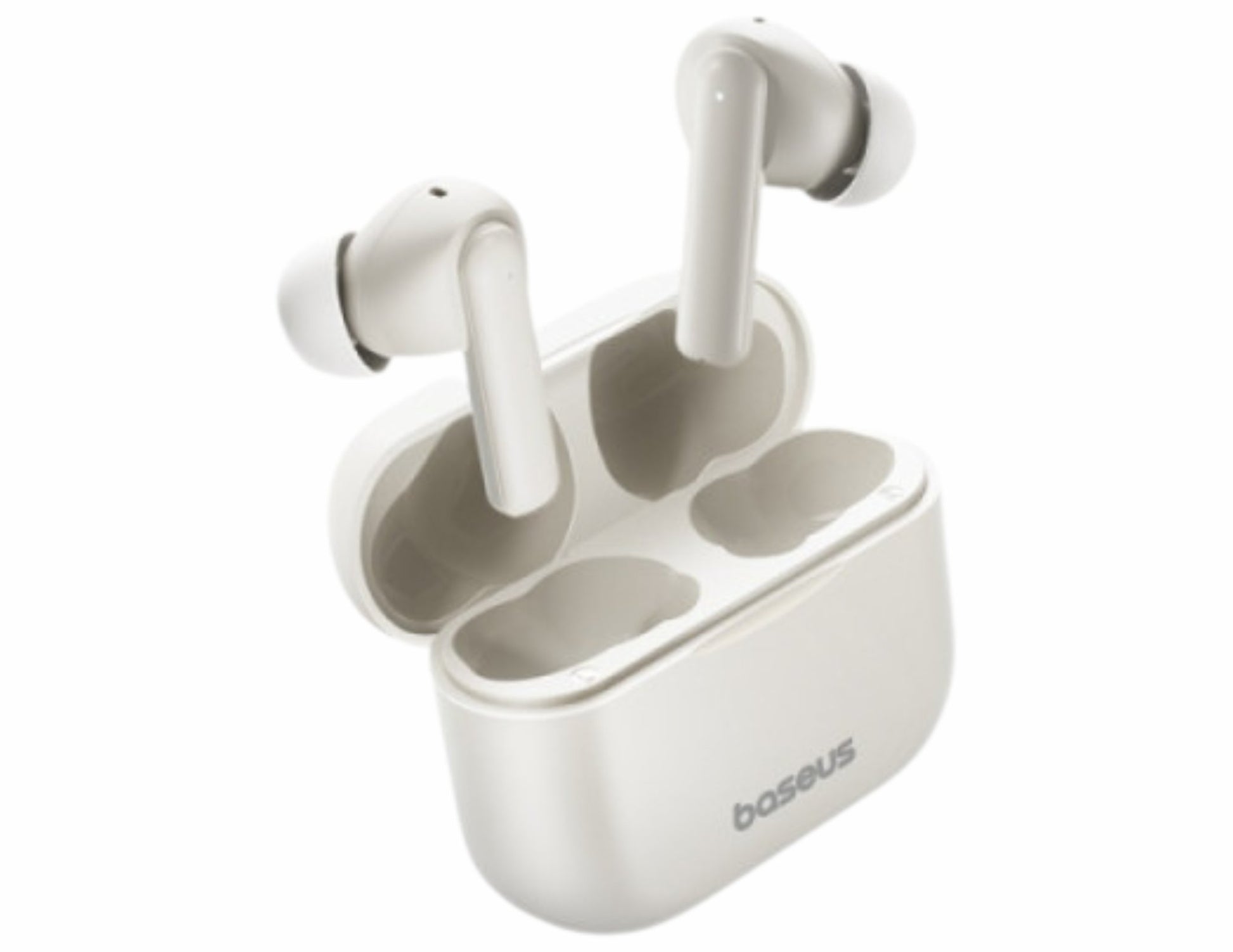 White wireless earbuds with charging case on a white background, featuring the brand 'baseus'.