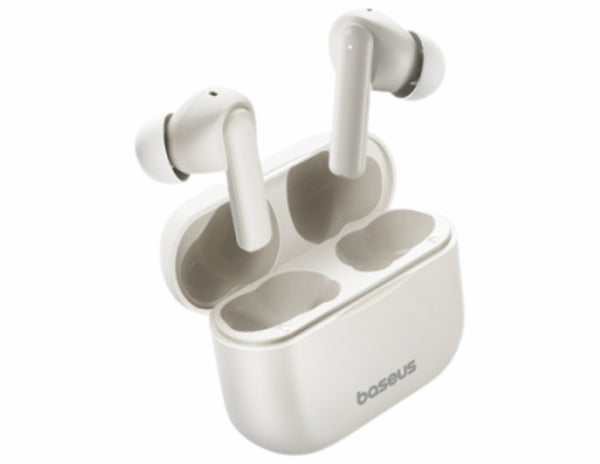 White wireless earbuds with charging case on a white background, featuring the brand 'baseus'.