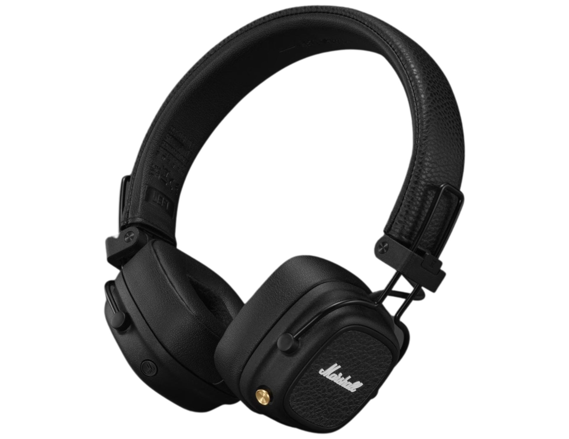 Black headphones with a visible brand logo on a white background