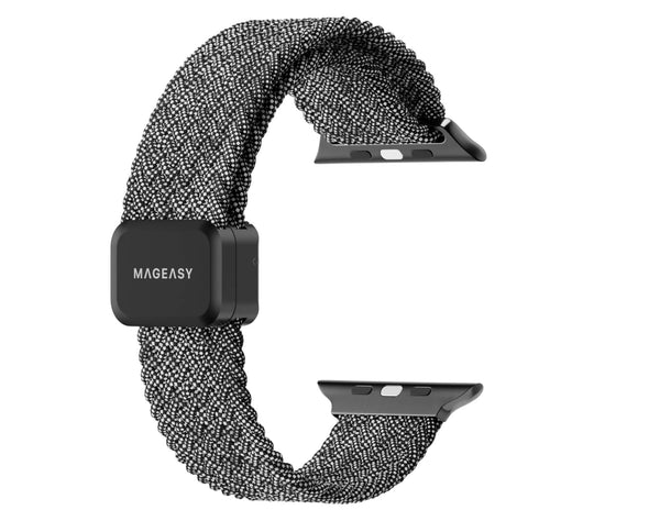 An Apple Watch with a beige braided nylon loop band and a silver metal clasp, showcasing the watch face and the texture of the band.