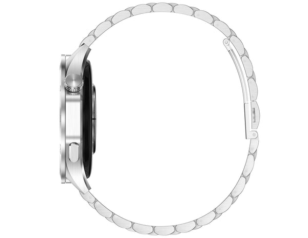 Silver watch band on a white background