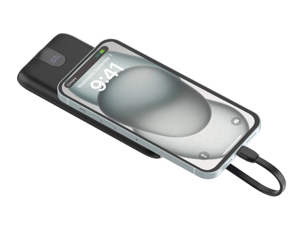 Smartphone with a wst power bank on a white background
