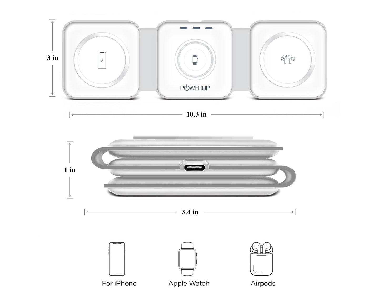 Diagram showing dimensions and compatibility of a Gripp 3-in-1 Foldable MagSafe Magnetic Wireless Charger – GR-WLC3M with Apple devices.