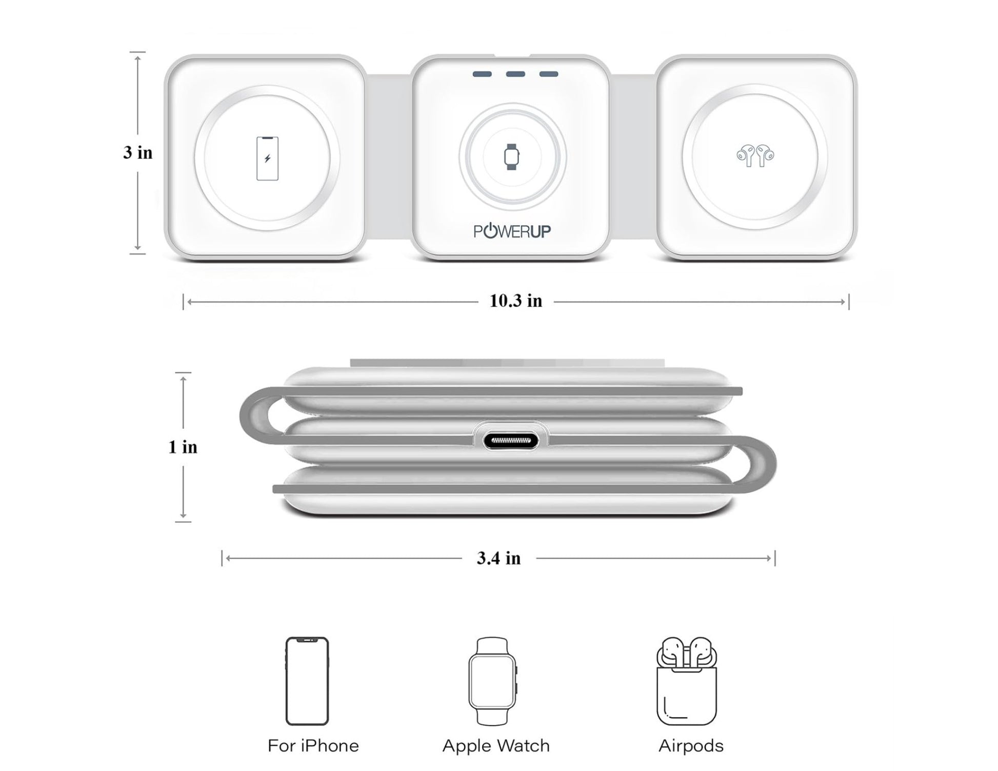 Diagram showing dimensions and compatibility of a Gripp 3-in-1 Foldable MagSafe Magnetic Wireless Charger – GR-WLC3M with Apple devices.