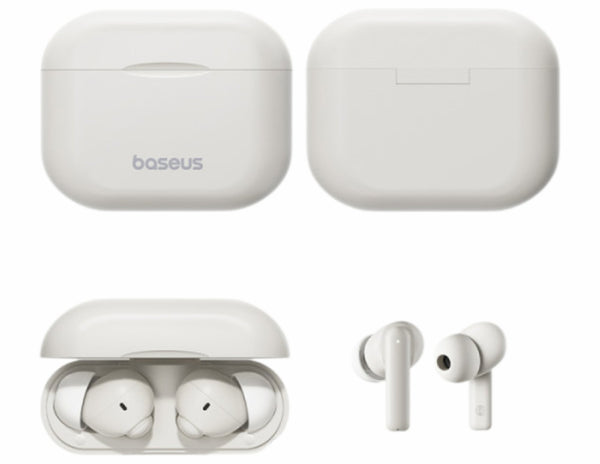 White wireless earbuds with charging case on a white background, featuring the Baseus brand.