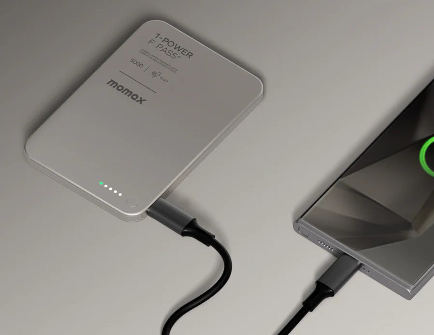 Momax F.Pass+ 5000mAh Magnetic Power Bank with USB-C Cable, 20W Fast Charging, Ultra-Slim Design