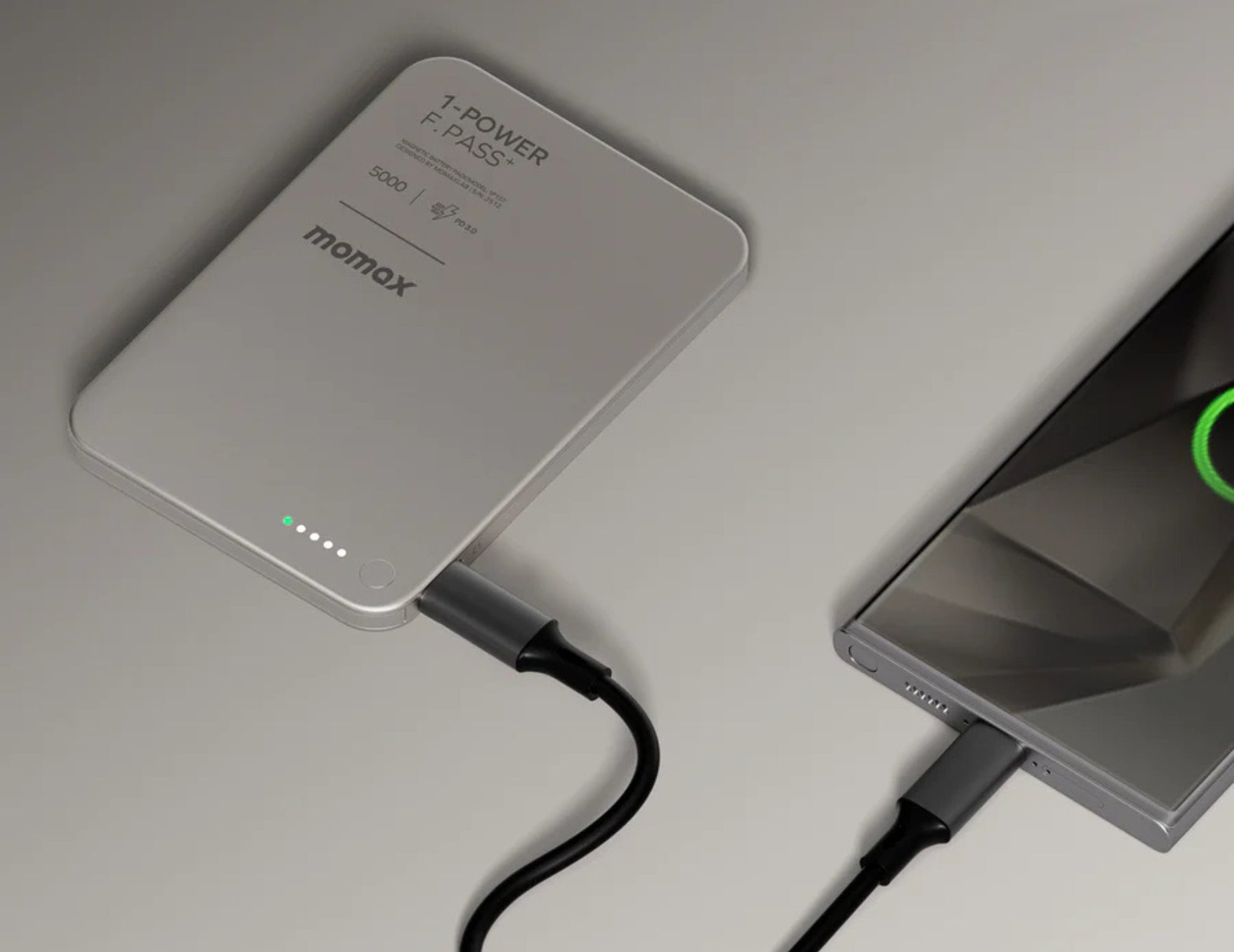 Momax F.Pass+ 5000mAh Magnetic Power Bank with USB-C Cable, 20W Fast Charging, Ultra-Slim Design