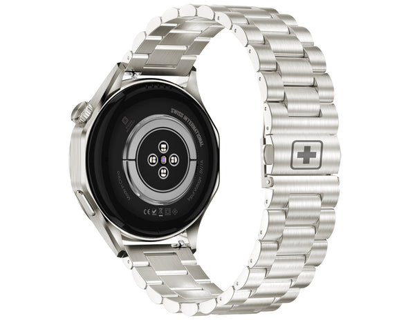 Silver smartwatch with metal band on a white background