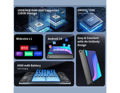 G-Tab PAD 10 Pro – 10.1" IPS Tablet (Android 14, 10GB RAM, 128GB ROM, 6580mAh, 5G WiFi) Product features including processor, storage, battery, and design on a blue background