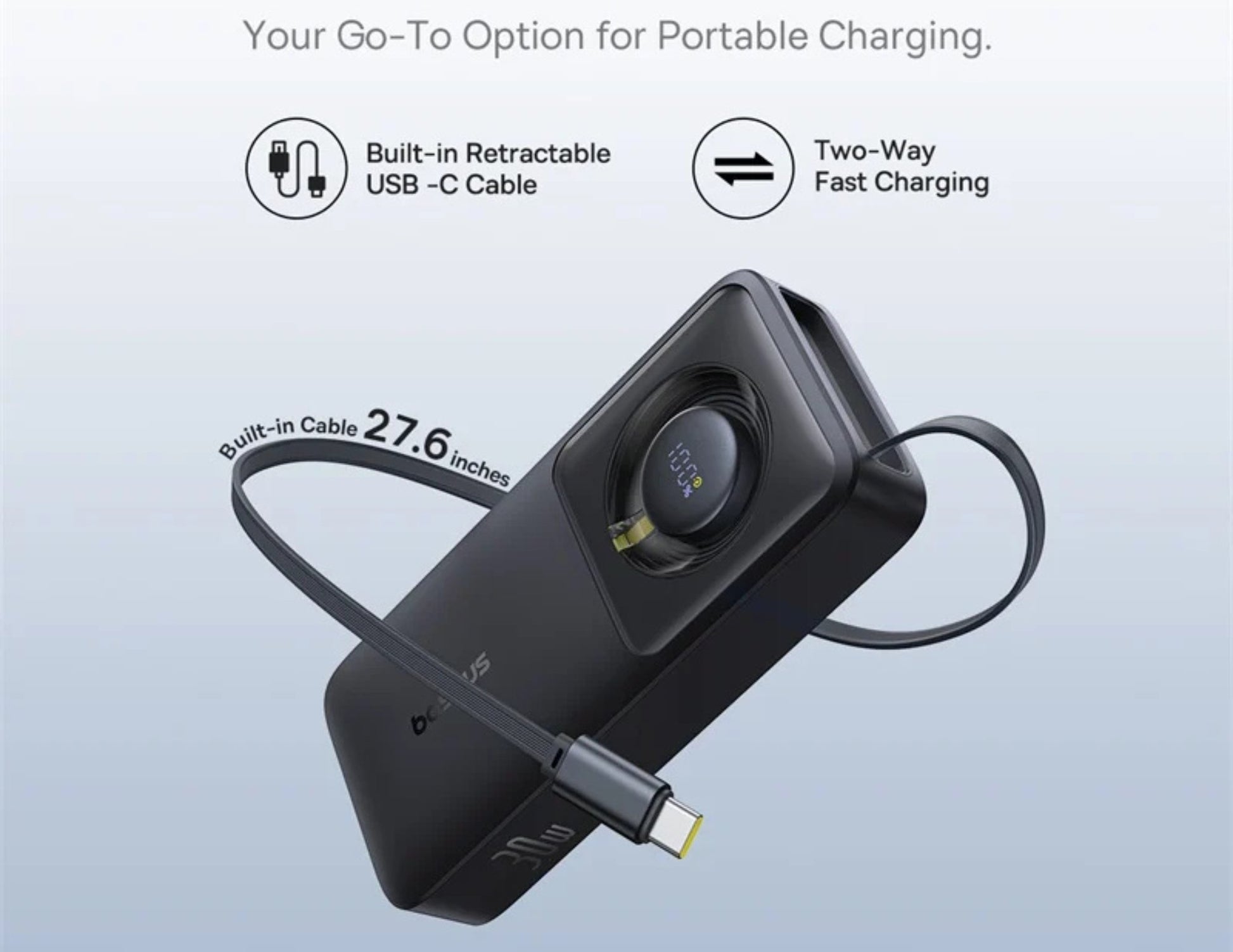 Portable charging device with retractable USB-C cable on a light blue background