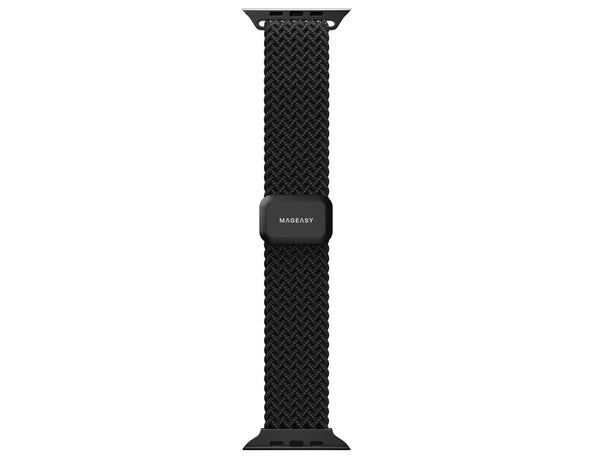 Black woven smartwatch band on a white background