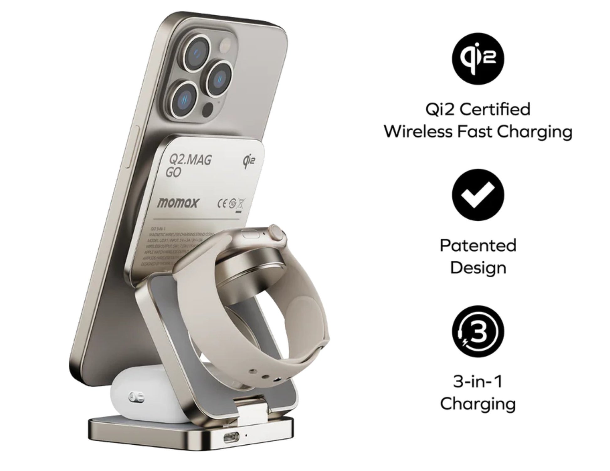 Multi-device charging stand with phone, watch, and wireless charger, featuring Qi2 certification.