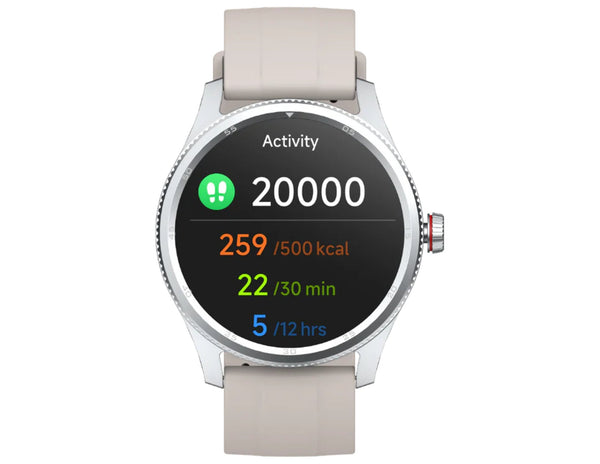 Smartwatch with a gray band displaying activity metrics on a white background