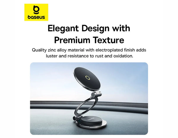 Baseus car phone holder with text about material and finish on a blurred background