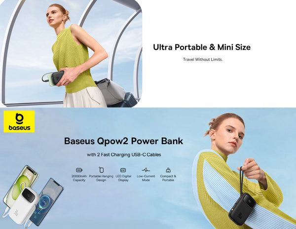 Baseus Qpow2 power bank advertisement with a woman holding a green bag against a light blue background.