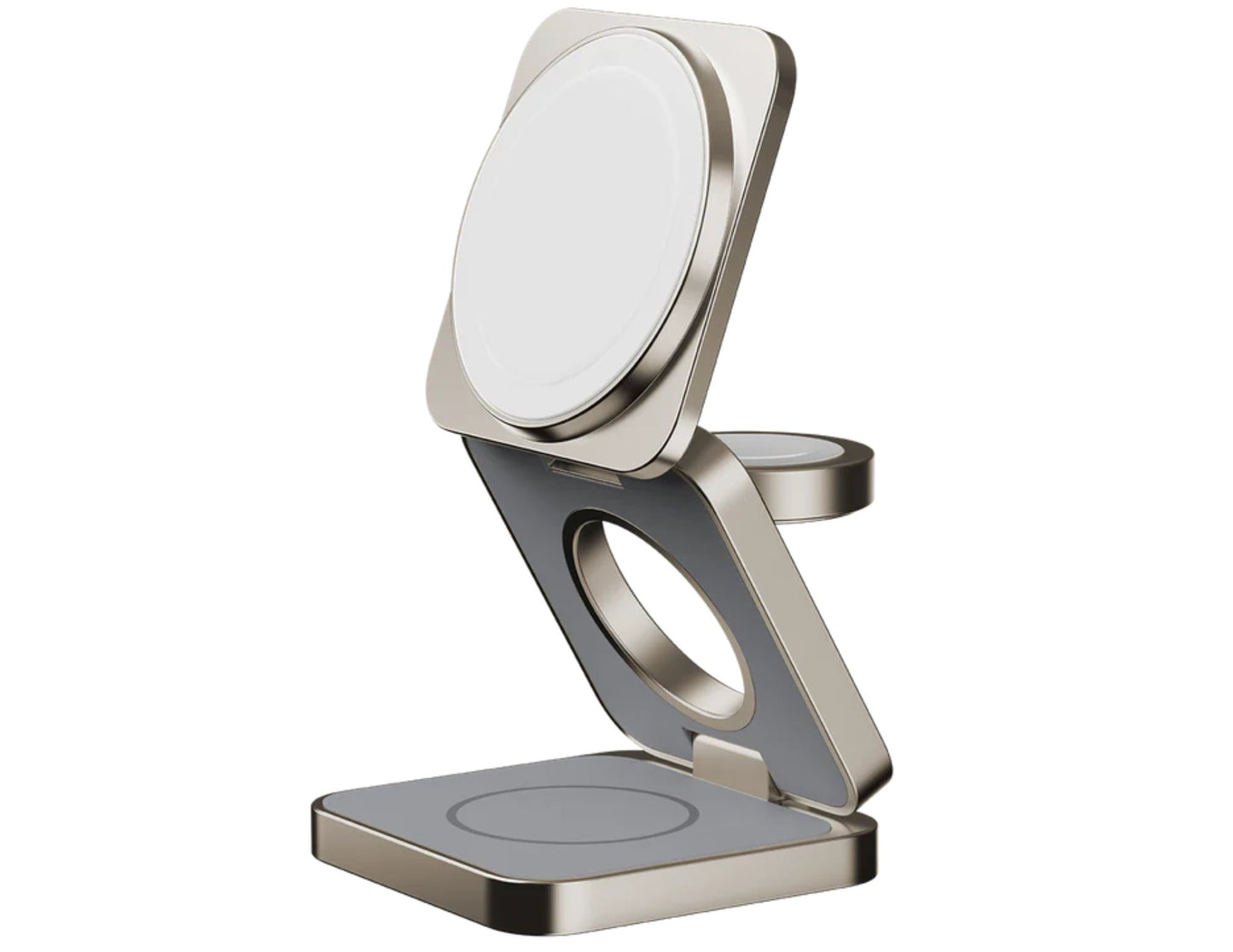 Silver phone stand on a white background