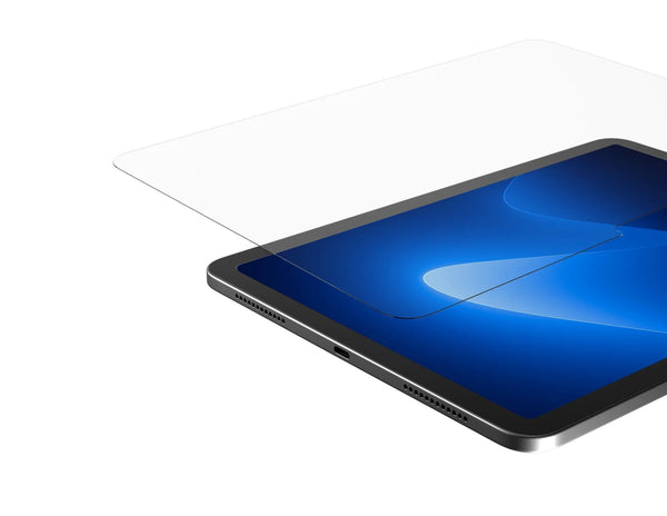 Tablet with clear screen protector on a white background