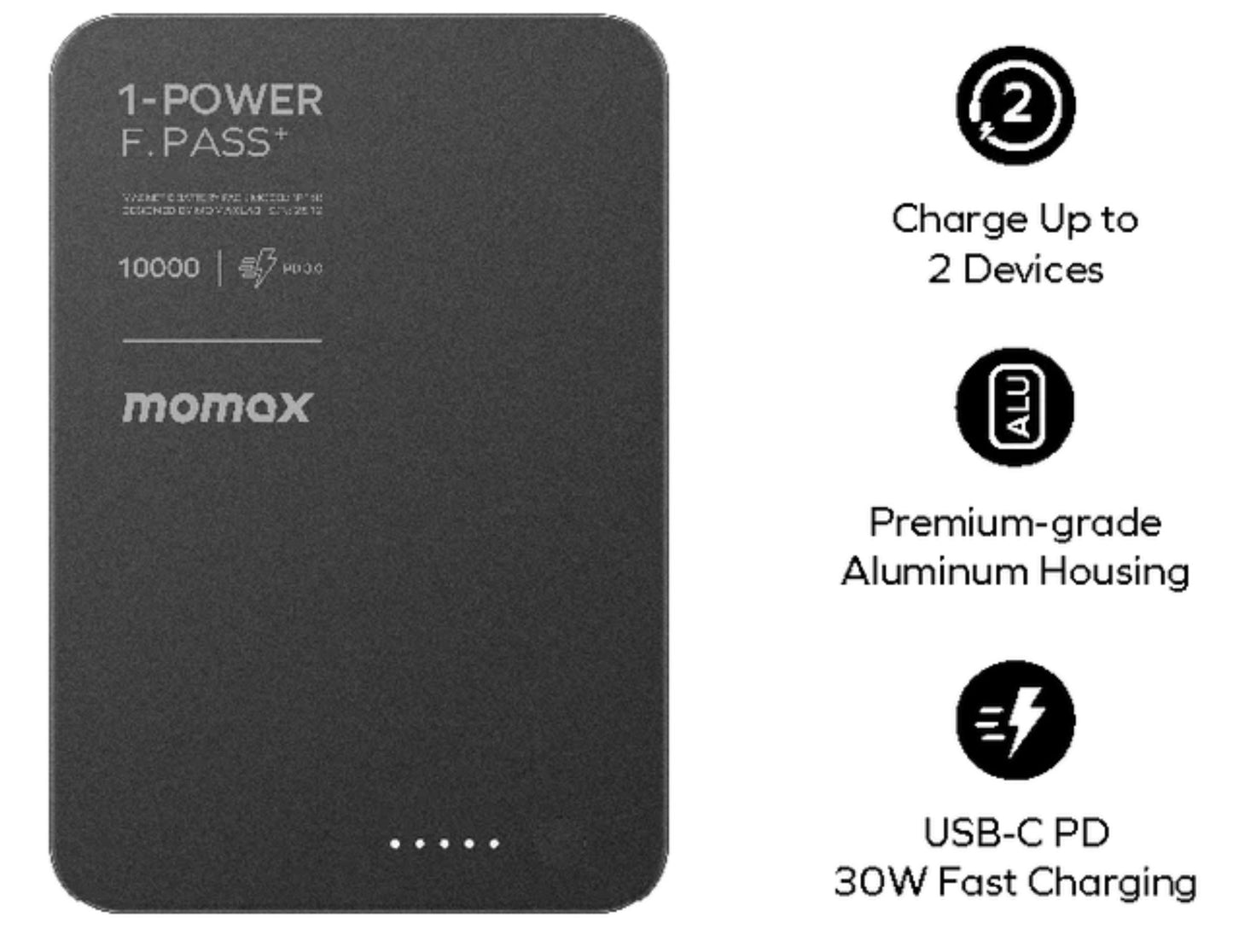 Momax F.Pass+ Magnetic Power Bank 10000mAh with USB-C Cable, 30W Fast Charging, Ultra-Compact