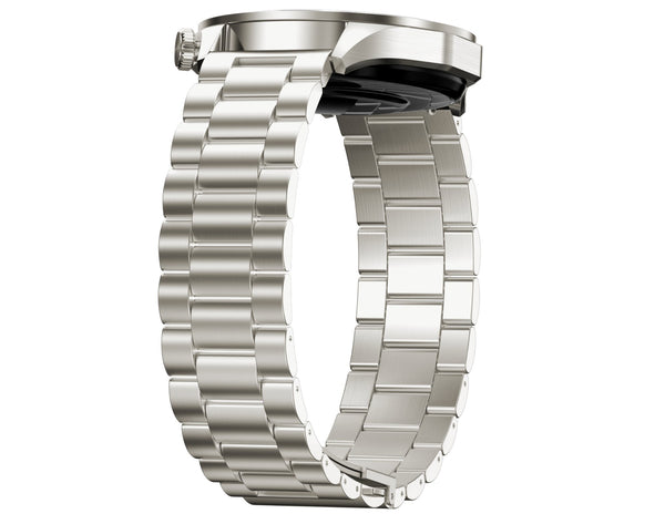 Silver metal watch band on a white background