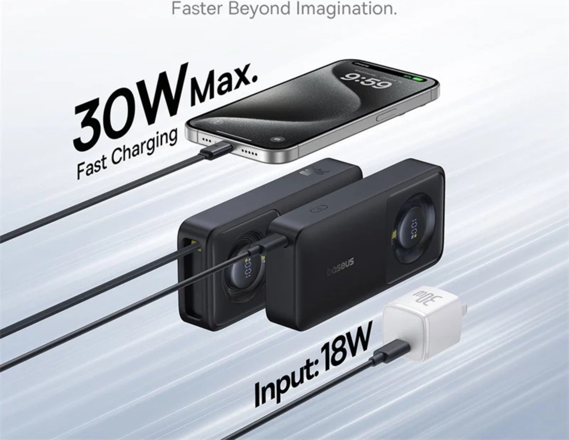 Fast charging device with smartphone and text indicating 30W Max and 18W input on a light gray background.