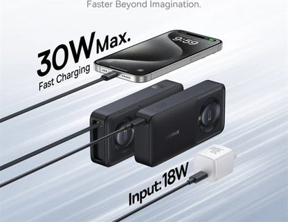 Fast charging device with smartphone and text indicating 30W Max and 18W input on a light gray background.