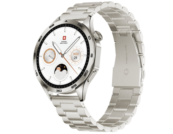 Silver smartwatch with a detailed face on a white background