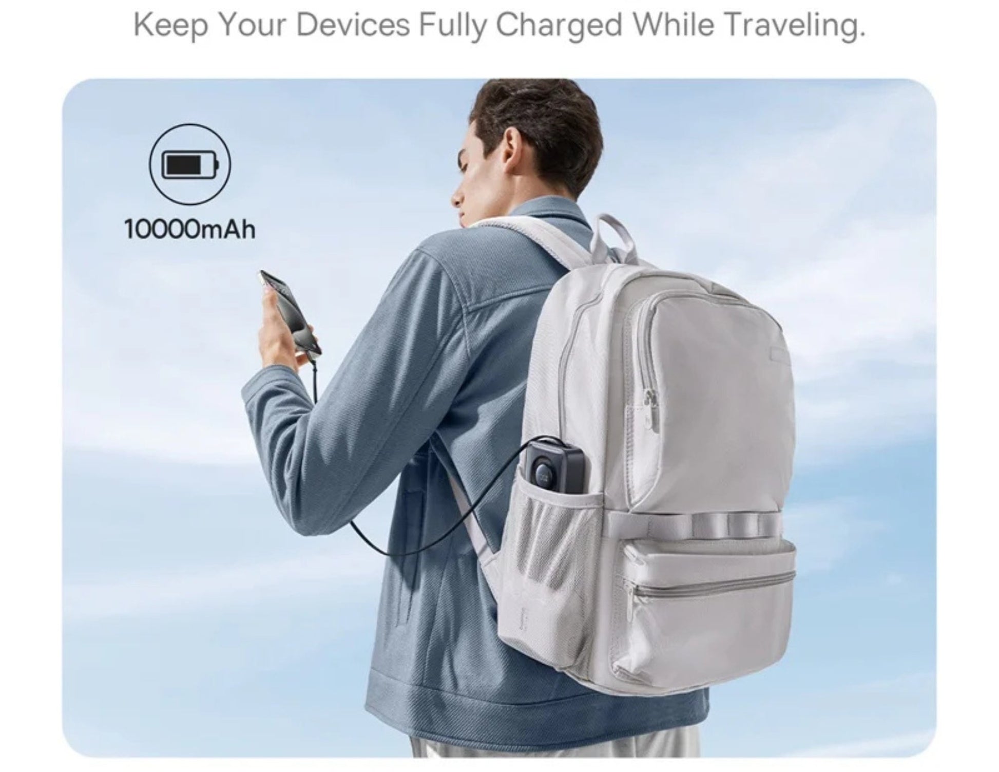 Person with a backpack featuring a 10000mAh power bank, with text about keeping devices fully charged while traveling.