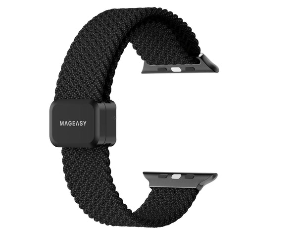 An Apple Watch with a beige braided nylon loop band and a silver metal clasp, showcasing the watch face and the texture of the band.