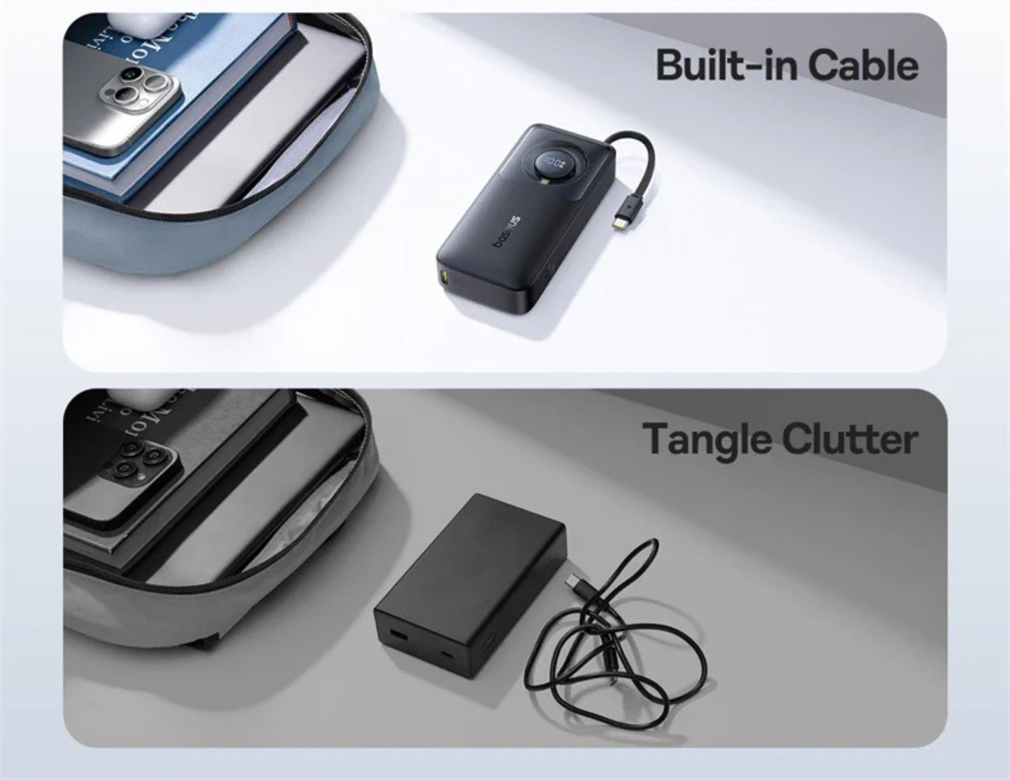 Comparison of a device with built-in cable and one with tangle clutter on a light gray background.