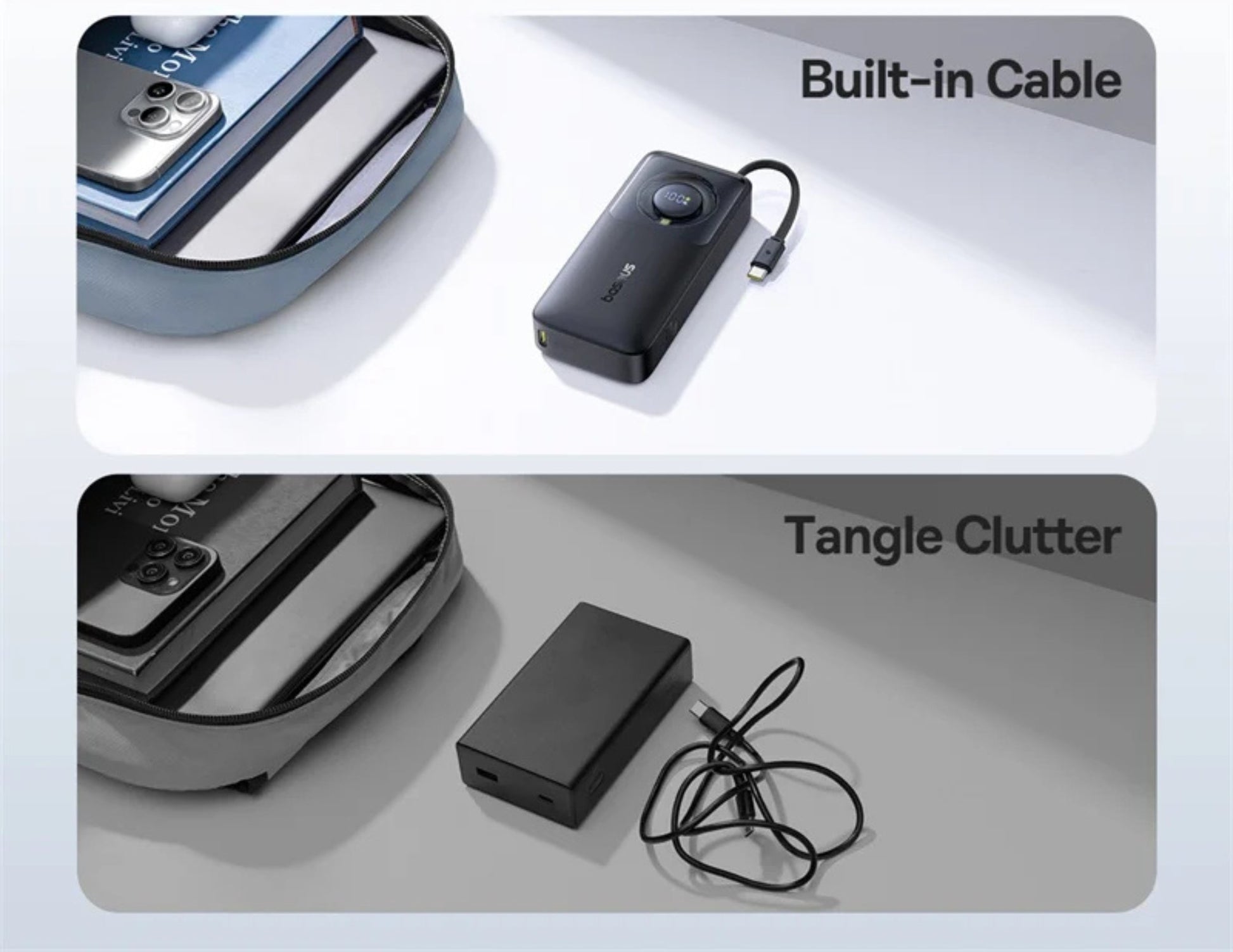 Comparison of a device with built-in cable and one with tangle clutter on a light gray background.
