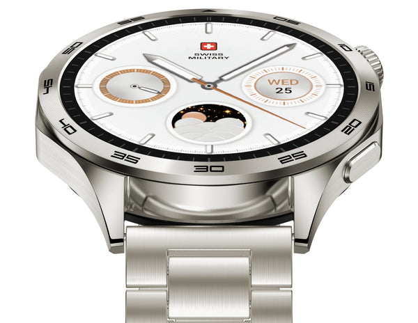 Silver Swiss Military watch with a detailed face on a white background