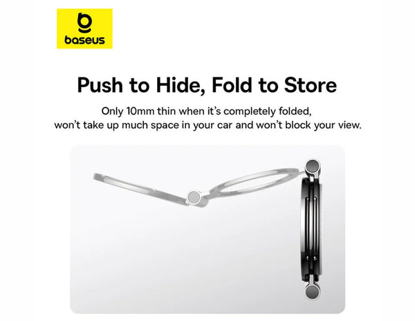 Baseus car mount with text 'Push to Hide, Fold to Store' on a white background