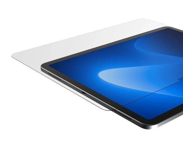 Tablet with clear screen protector on a white background