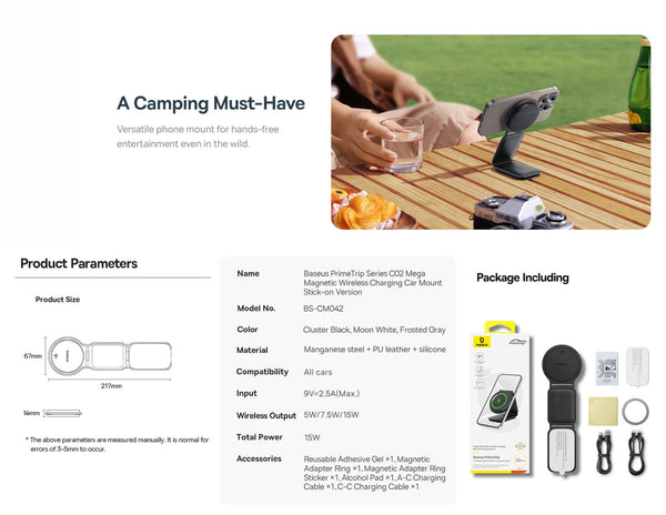 Camping phone mount product with packaging and usage scenario on a table.
