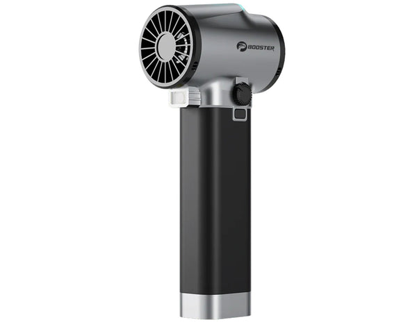 Black and silver hand-held device with 'Booster' branding on a white background