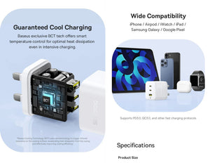 Product advertisement with charging adapter and smartphone, featuring text about guaranteed cool charging and wide compatibility.
