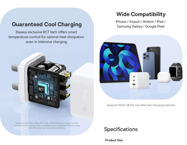 Product advertisement with charging adapter and smartphone, featuring text about guaranteed cool charging and wide compatibility.