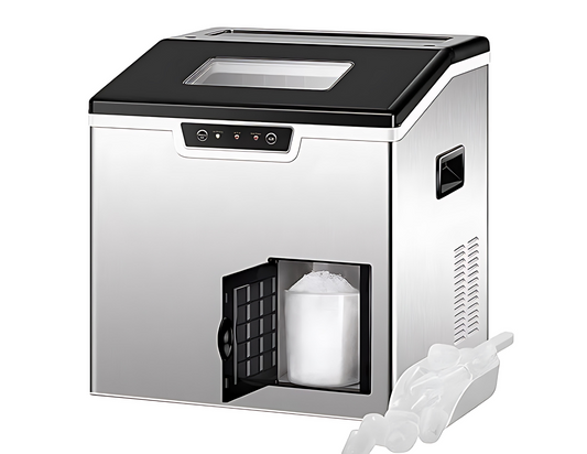 A silver ice maker and crush machine with a black top, front-mounted dispenser, and visible ice tray.