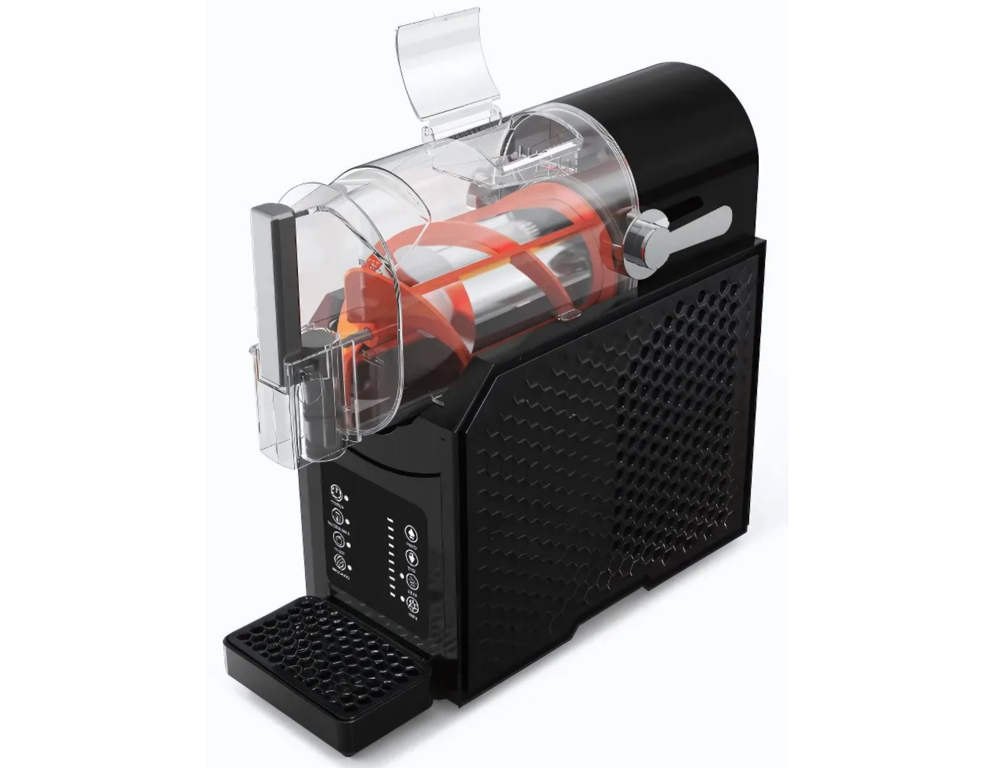Black slush machine with transparent container on a white background