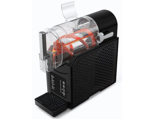 Black slush machine with transparent container on a white background