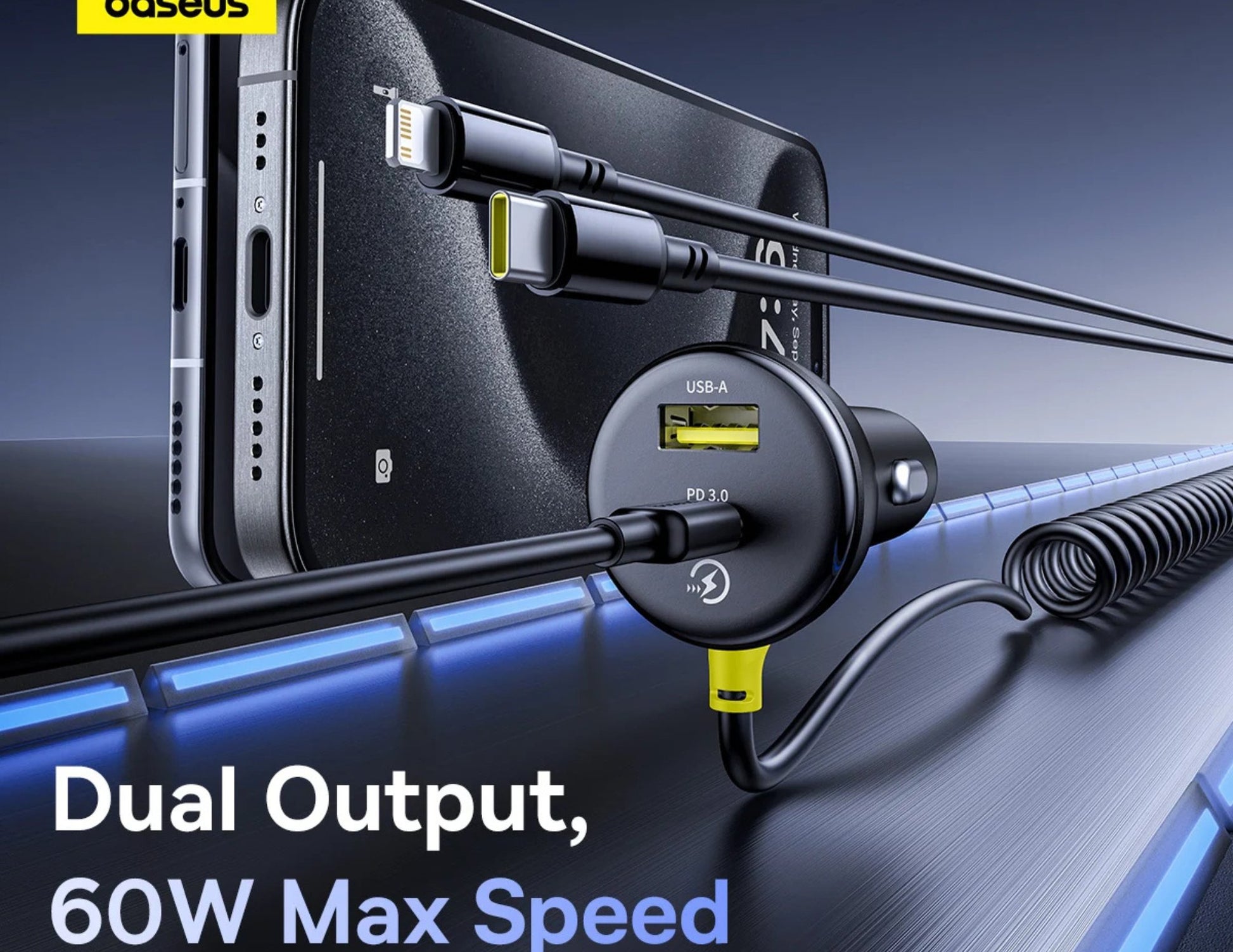Phone with a charging cable and adapter, featuring dual output and 60W max speed text.