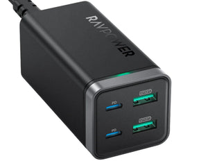 RAVPower PD Pioneer 65W 4-Port GaN Tech USB-C Desktop Charger in black color with two USB-C and two USB-A ports.