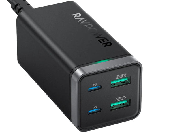 RAVPower PD Pioneer 65W 4-Port GaN Tech USB-C Desktop Charger in black color with two USB-C and two USB-A ports.
