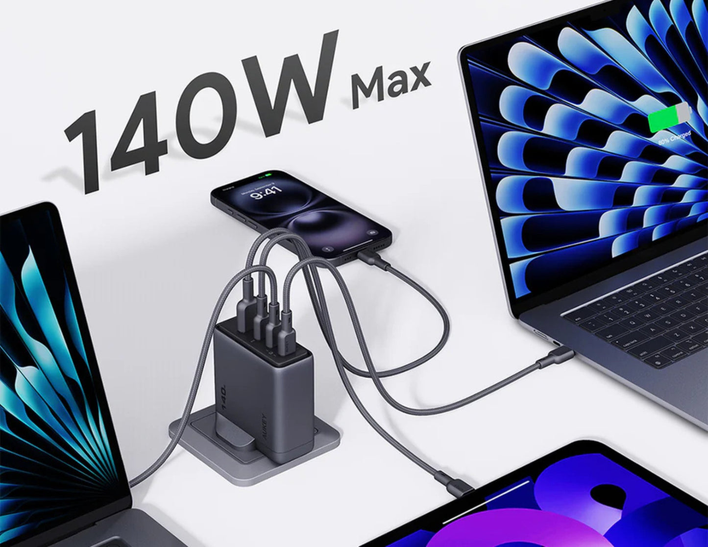 شاحن حائط Aukey Comet Mix 4 بقوة 140 واط PD بأربعة منافذ GaN PA-C6 رمادي