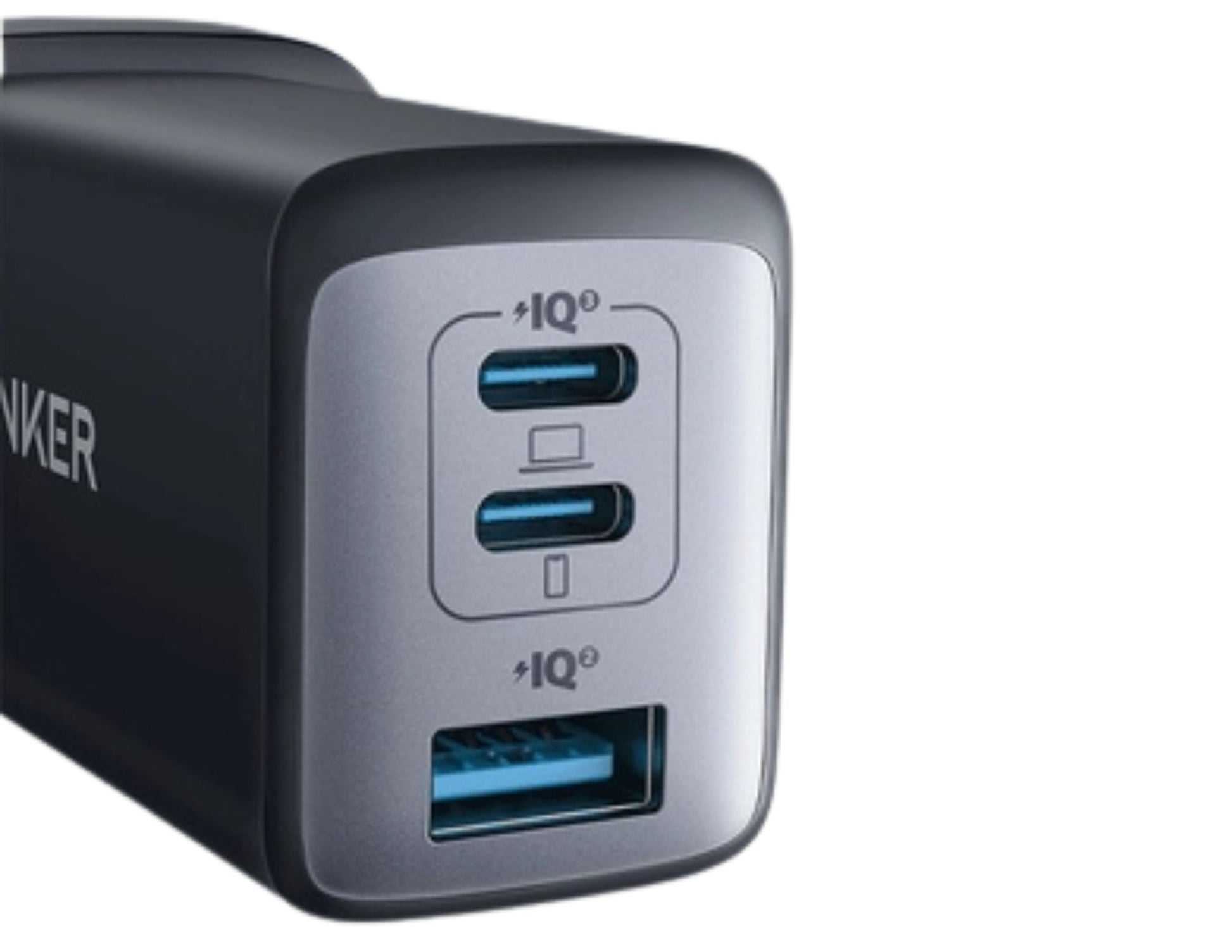 Anker USB charger with multiple ports on a white background