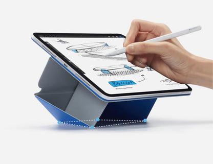 Hand using a stylus to draw on a tablet with a Moft Dynamic Folio Case for iPad Pro 12.9 (4–6th Gen) / iPad Air 13 (M2, M3) on a white background