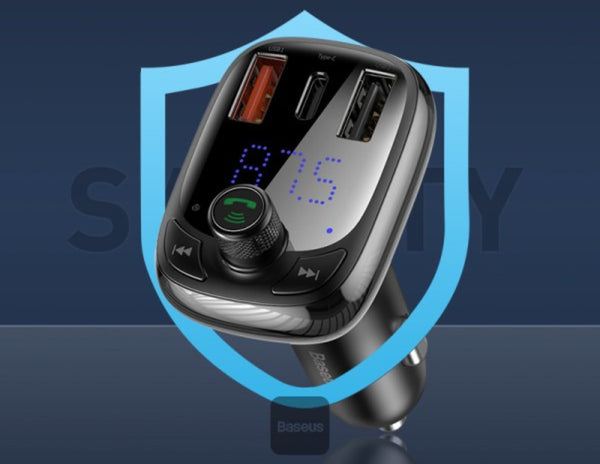 Car charger with Bluetooth receiver on a blue shield background