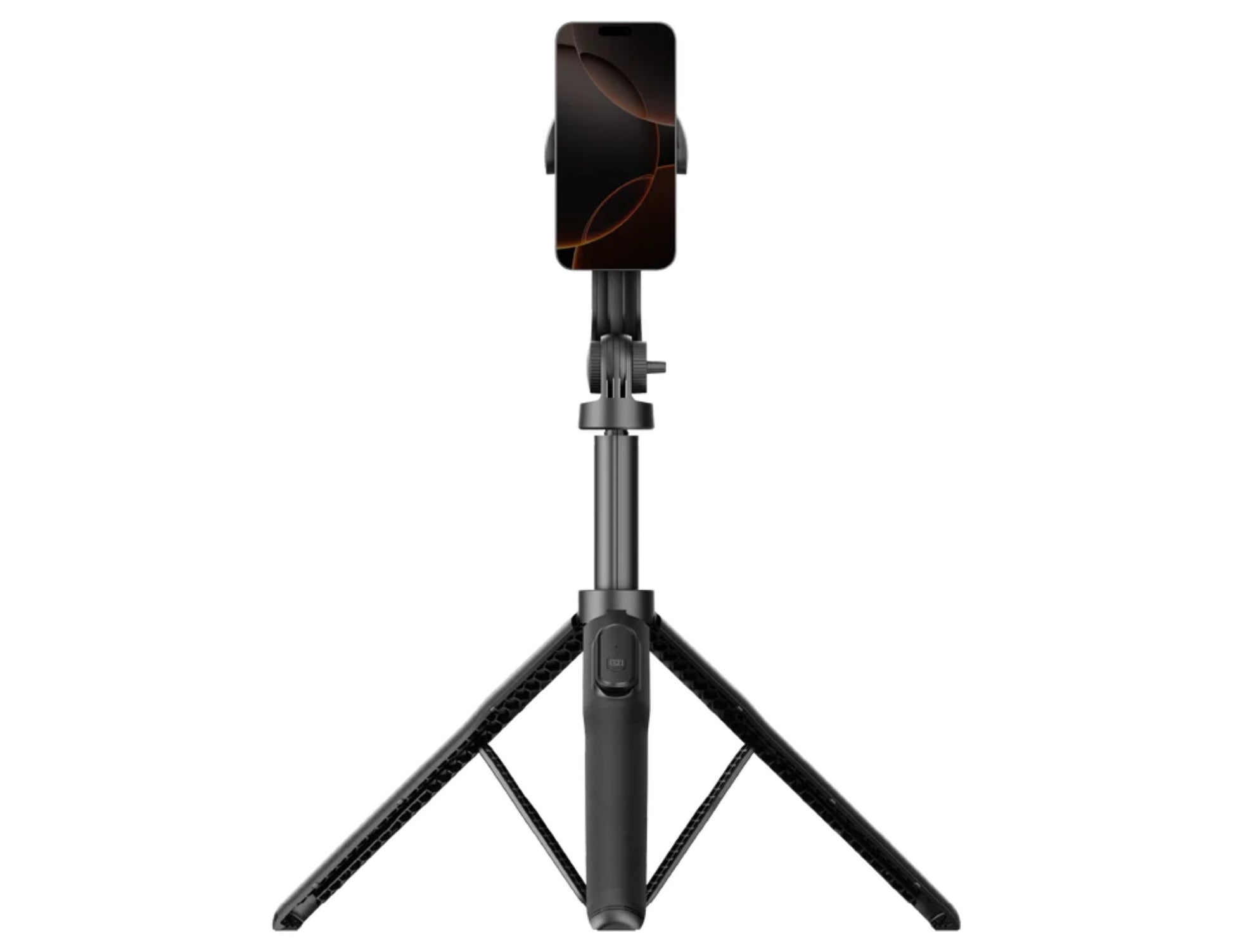 Black Momax 1-Snap Pole Magnetic Tripod Selfie Stick with Wireless Remote – KM17D with a phone on a white background